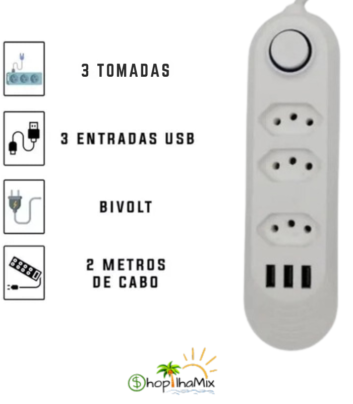 Extensão elétrica de 2 metros com 3 ou 4 tomadas e entrada USB com botão