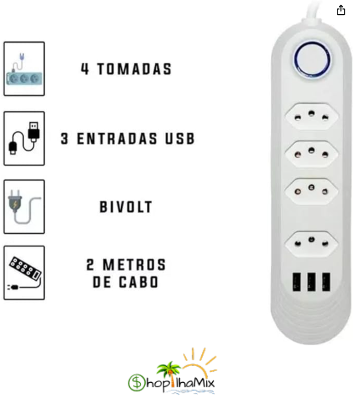 Extensão elétrica de 2 metros com 3 ou 4 tomadas e entrada USB com botão