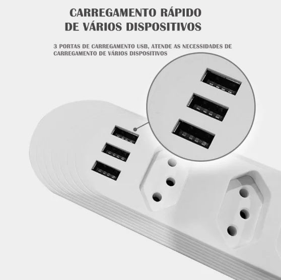 Extensão elétrica de 2 metros com 3 ou 4 tomadas e entrada USB com botão