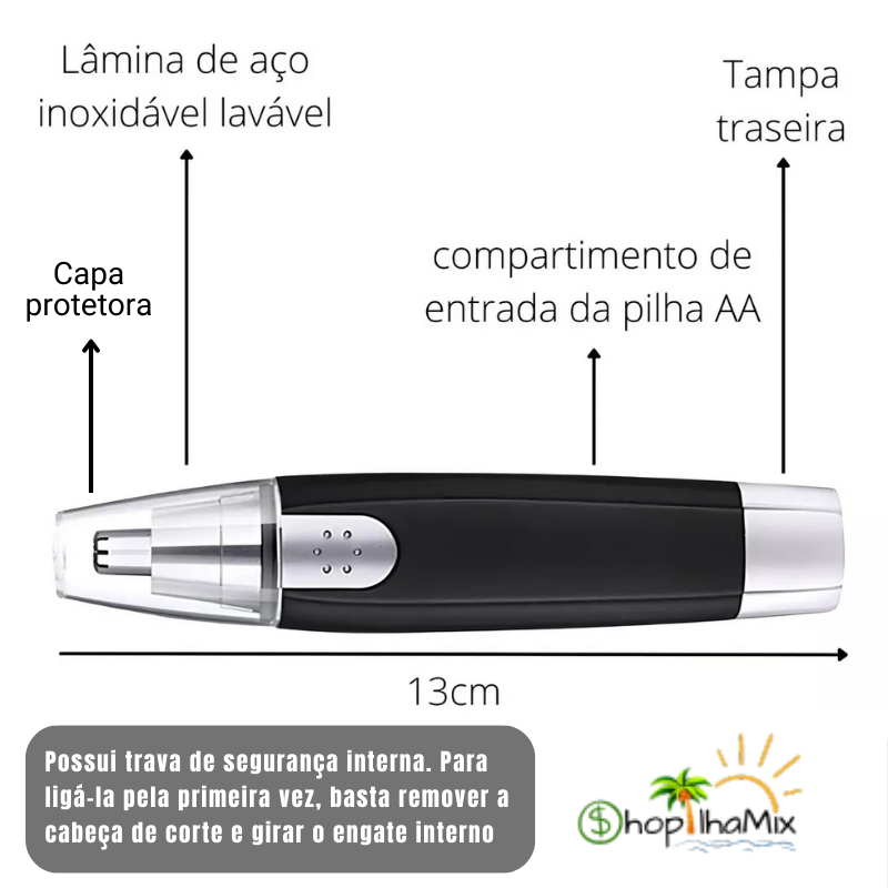 Aparador de pelos de nariz e orelha, elétrico e portátil