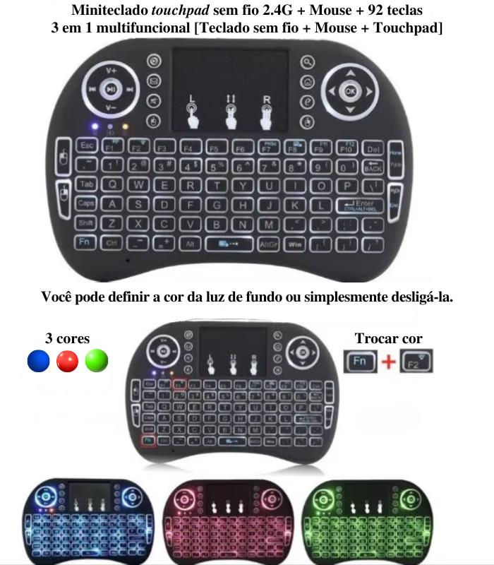 Miniteclado sem fio USB com touchpad integrado 3 em 1